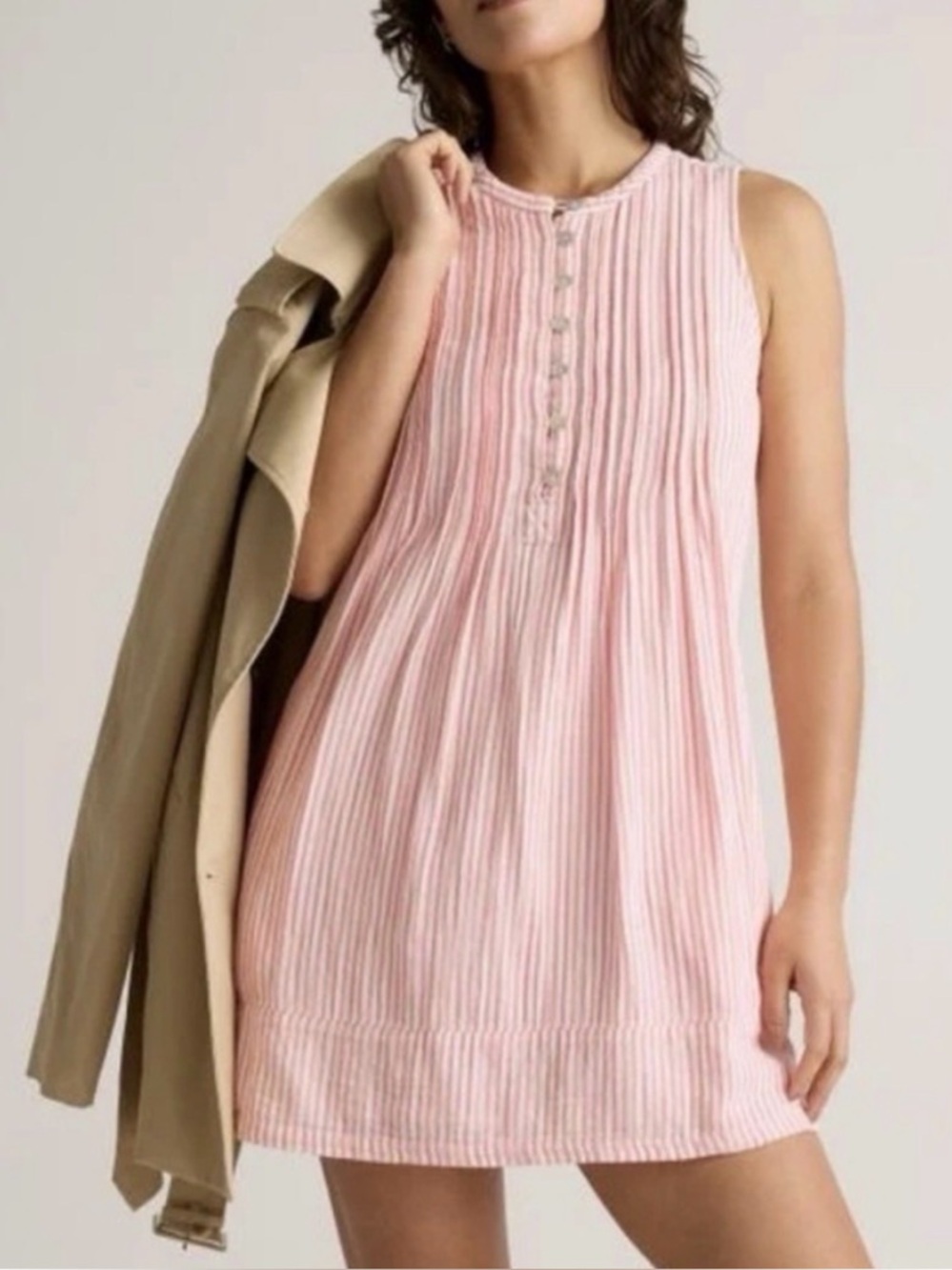 Quince Pink & White Striped Sleeveless Midi Dress